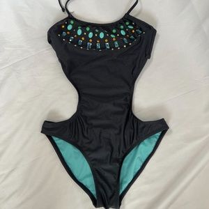 One Piece Bejeweled Exhilaration Swimsuit size M  in Dark Gray